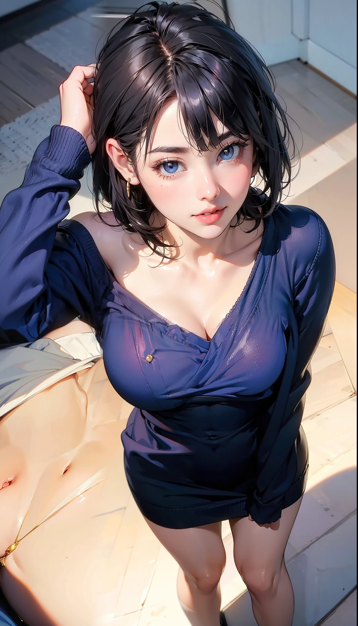 (((masutepiece))), ((Best Quality)), (((Transparent See-through Clothing))),(((Sheer underwear: 1.5)))), ((Raised Nipple)),((Intricate details)), (((Juice Wet)),(())),(beautiful and delicate eyes), (Illustration), (silhuette) Absurd, ((Ultra-realistic Nose)),no extra hands, (Perfect hands) , ((Oil painting style: 1.5)), Mature Woman, Mature Woman, Highly detailed, Illustration, 1 girl, ((large chest hair, Short hair, Blue eyes, cleavage, party lady, Necklace, (full :0.5)) ,in hotel, Bedroom, Detailed background, Perfect eyes, Seductive eyes, Seductive smile, Dynamic Pose, (双臂在头后), (gaze at the audience)), From the front