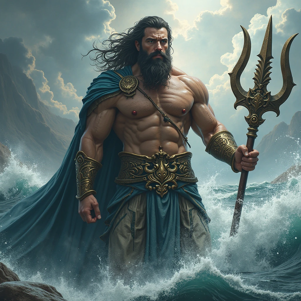 "Mighty god of oceans and earthquake, With dark hair and dark beard, Is musclar and tall, Looks dignified and angry, Wears a loincloth of fish-scale, Puts on an iron crown, Holds a big trident spear, Ruler of waves, crude and brutal", Greek mythology, Ancient Ionia, storm and big wave, Super high quality, Super accurate description of hands, HDR, Photorealistic, Super detail, Masterpiece, 8K
