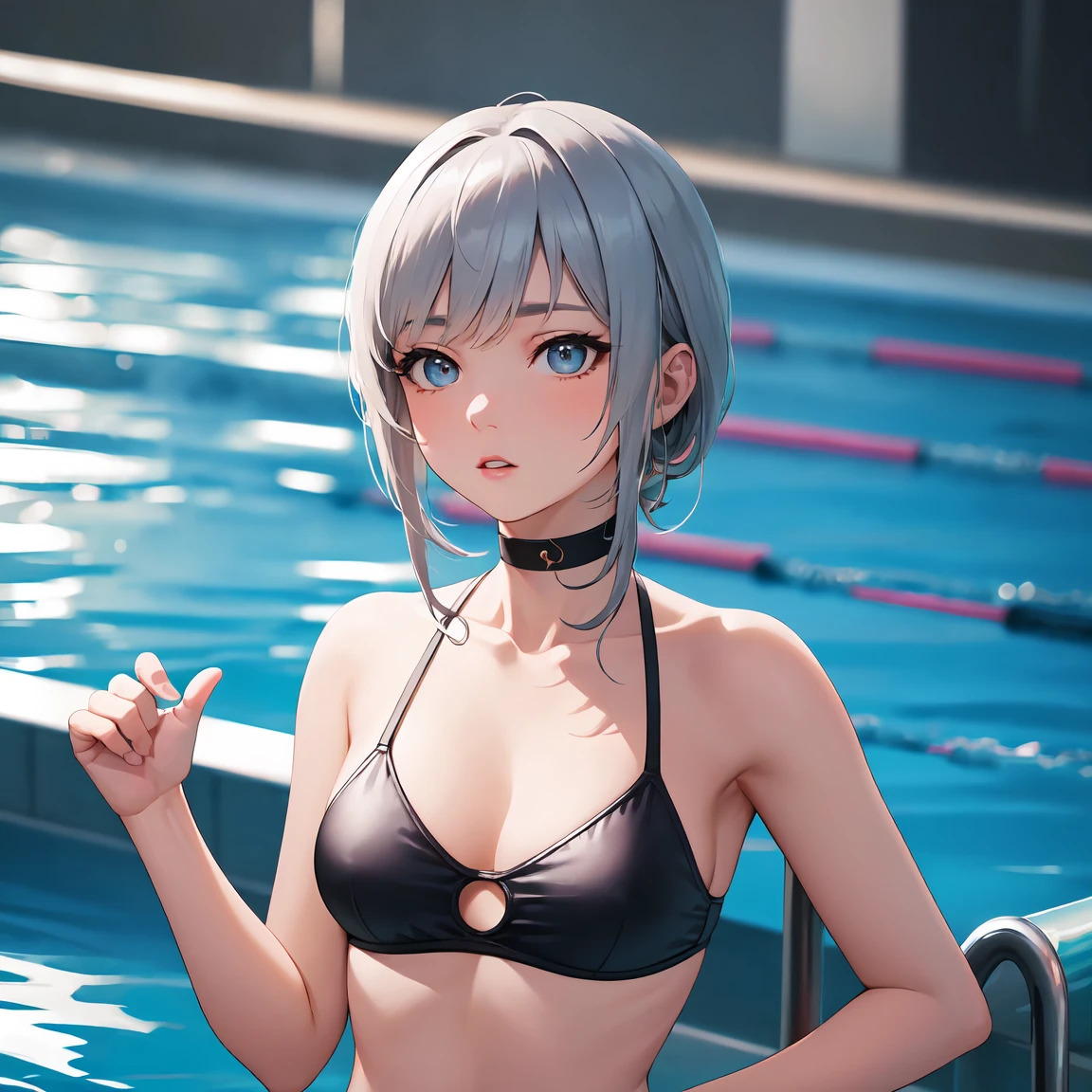masterpiece, Highest quality, Perfect Face, Highest Resolution, Highest quality,Detailed depiction of the eyes, 1 girl, young, deep tan skin, slate gray hair, short hair, upturned eyes, Yellow Orange eyes, Perfect Anatomy, ribbon choker, swim suit, large pool, swim