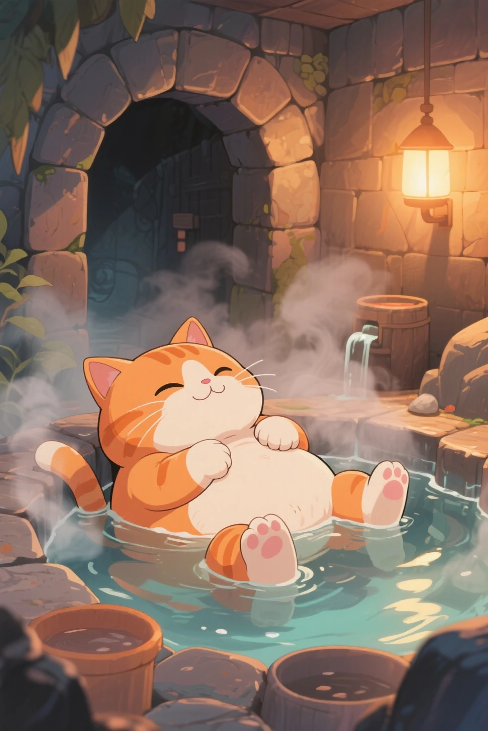 hot spring, vapor, Cinematic, Depth of written boundary, Mysterious and romantic atmosphere, Caustic Surfaces, Absurd, Perfect Anatomy(Very cute girl, kemono, Water Play)Natural appearance at birth, towel, Volumetric lighting, Hairy body, smile, relax, Dramatic composition,Furry，kemono，Naked，Completely naked，Naked，