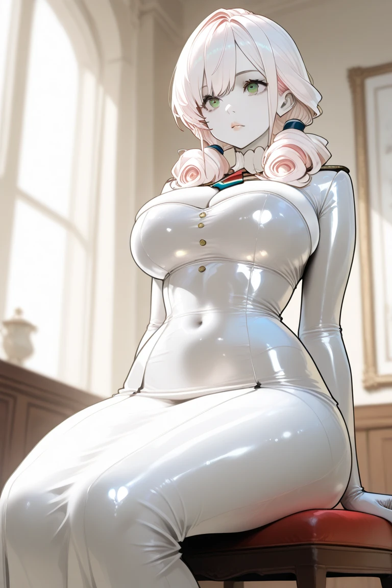 score_9_up, score_8_up, score_7_up, score_6_up, score_5_up, score_4_up, (seductive:1.1), Extreme detail, Masterpiece, Best Quality, Beautiful, High-res image, Perfect lighting, Perfect body, Perfect hands, Perfect fingers, Perfect legs, Perfect face, Extremely detailed, 8k resolutio, Very delicate and beautiful, Rating_explicit, Manga style, 1 Girl, Solo, Sexy, White skin, Pink eyes, orange short hair, provocative smile, Expression horny, Sexy thighs, wearing a tight and sexy uniform with low necklines, relaxed, Militar Base, afternoon, hot afternoon, cloudless sky,