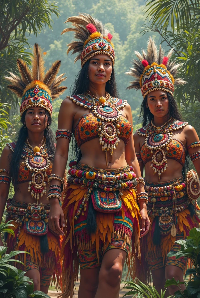 jkXingu, realistic photo of young 3girl, multiple girls, nude, dark hair, cleft of venus, (straw g-string:1), large breasts, skinny, (red_forehead_paint:1.1), body tribal tattoos, light eyebrows, long tribal necklace, blunt_bangs, (beautiful face:0.9), closed mouth, smile, (ultra detailed skin:1), soft contrast, 4k, 8k, (unrealengine:0.6), film photography, dslr, film grain, indoor, extremely detailed background, indoor garden background, style by Amiet Cuno, (artgerm:0.7) and Roxanne Lowit <lora:jkXinguV01:0.9>