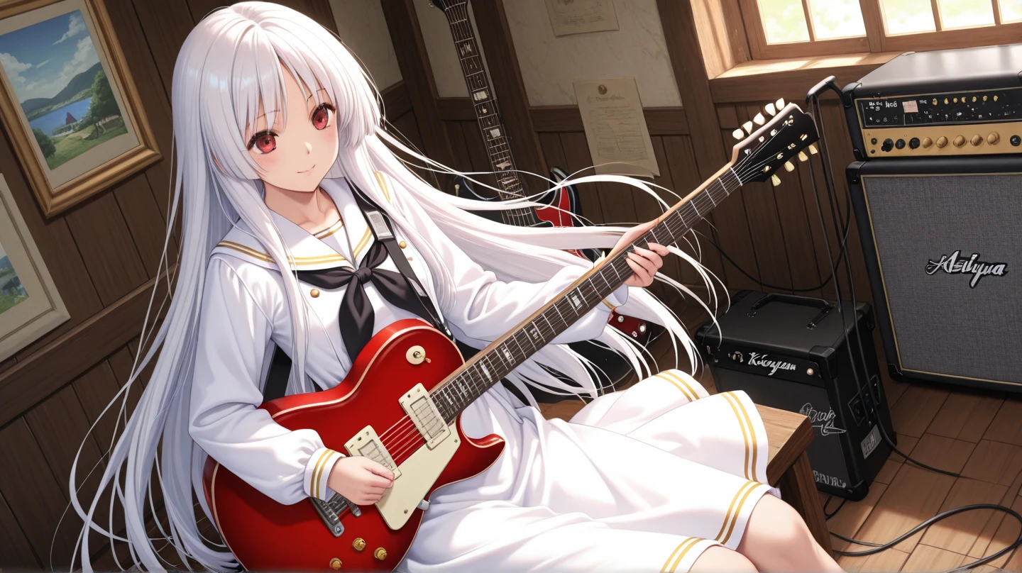 (Anime Style:1.3), (Realistic, Realistic: 1.37), (masterpiece, highest quality: 1.37), (超High resolution: 1.2), (RAW Photos: 1.2), (Sharp focus: 1.3), (Face Focus: 1.2), (Ultra High Definition CG Integrated 8K Wallpaper: 1.2), (Beautiful Skin: 1.2), (青White skin: 1.3), (Hyper Sharp focus: 1.5), (Ultra Sharp focus: 1.5), ( Beautiful pretty face: 1.3), (Japanese actress face:1.3), (Highly detailed background, Detailed background: 1.3), masterpiece, highest quality, High resolution, Super detailed, Hyper Sharp, Absurd, Detailed face, White skin, Real human skin, (Detailed face), Oval Face, pores, Low Angle, whole body, ultra High resolution, (8k, RAW Photos, Realistic:1.4), break, One girl, slim, (Big Breasts:1.37), Illustration of a scene where a high school girl is playing the guitar. High school girls are wearing sailor suits. mini skirt. A high school girl is playing the guitar. The guitar is a Gibson SG, red..