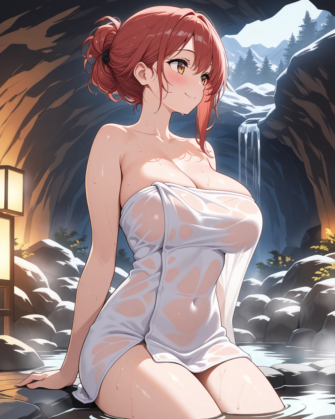 cowgirl, cowgirl, red hair, (purple eyes:1.1), Short hair, (cowboy shot:1.2), (masterpiece:1.2), best quality, high resolution, 8K background화면, (illustration:0.8), (beautiful and delicate eyes:1.3),perfect lighting, Highly detailed CG, ,NSFW, (sexy:1.4), (onsen_background:1.3),(Wrap it completely in a bath towel:1.3) , (night)