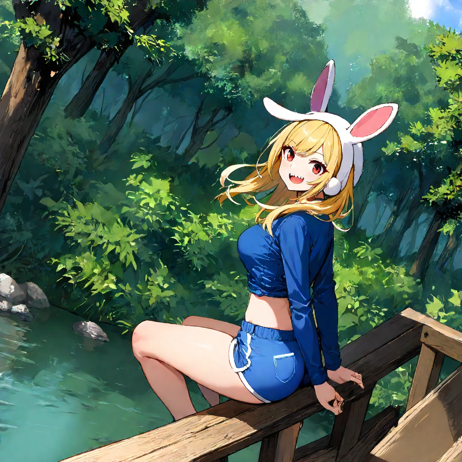 Background is park after rain, rainbow in the sky, fusion of rain poncho and frog, see-through rain poncho, rain poncho on swimsuit, rabbit ears, cinematic lighting, thick eyebrows, small, pigtails, beautiful blonde, braid, (masterpiece), ((best quality)), (super detailed), full body beast girl , clean and detailed face, beautiful eyes in high resolution, five fingers, textile shading, Perfect human structure, perfect anatomy,