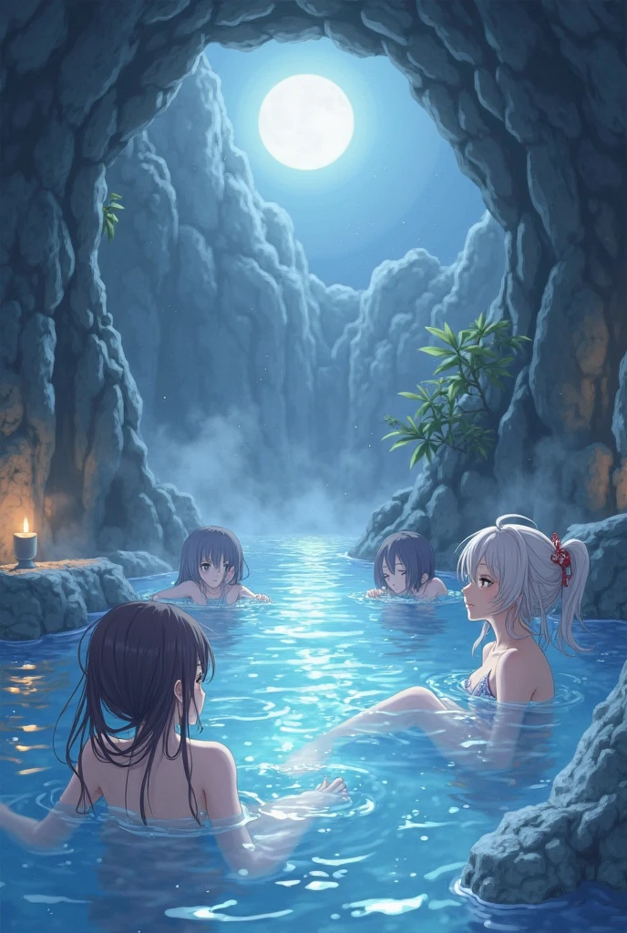 Several girls in an open-air bath、Night Sky、Starry Sky