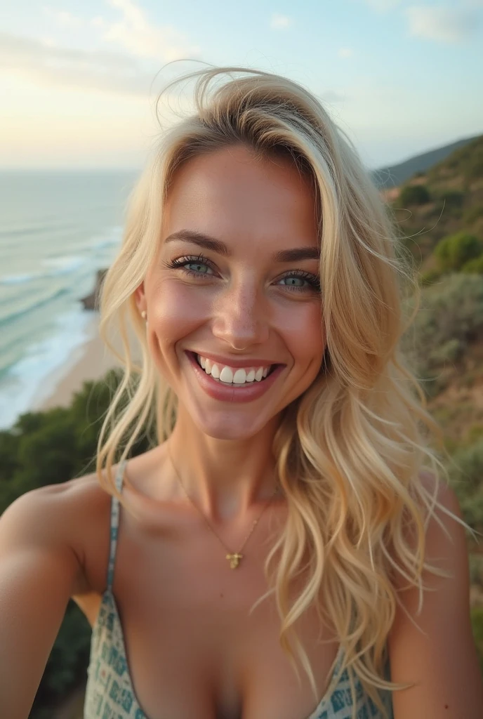 A 23-year-old blonde woman, ((pechos grandes)), ((hiperrealismo)) ,. blonde hair with light brown roots. cabello rubio, Hair with brown roots, cabello extra largo, cabello muy largo, really long hair, ponytail hair, Beautiful, Front view, selfie, photo taken with iPhone, elegant black shirt with escote, escotada, selfie sitting at a Seychelles beach near the sea, high quality, selfie iPhone, cleavage