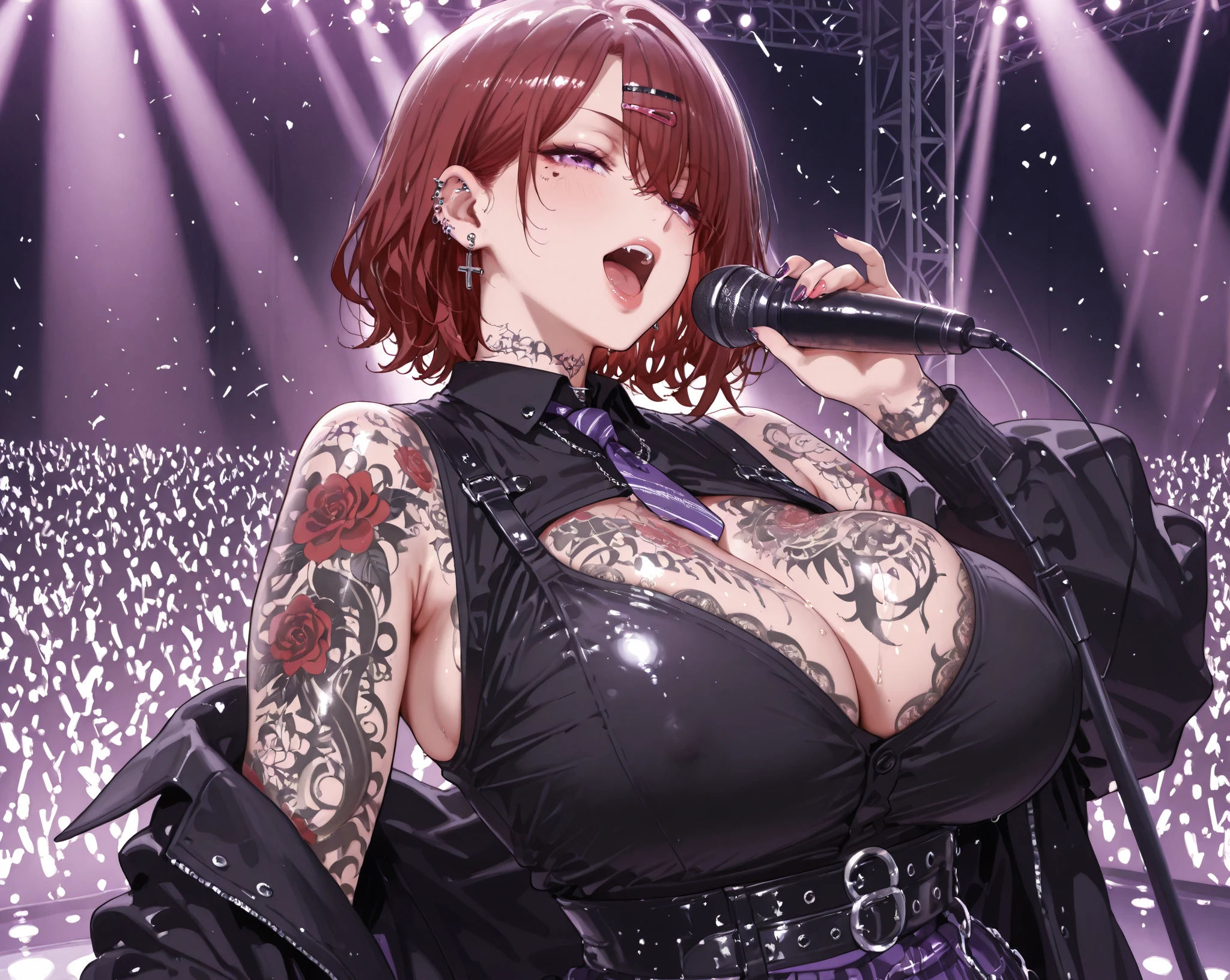 By bebebebebe, by lostgoose, by goonie-san, female, ((rabbit, snout, hair covering eyes, straight hair, medium hair, flat hair, ears, thin snout)), white fur, poofy tail, dark maroon hair, ((muscular, big breasts)), solo, ((screaming)), screaming into microphone, microphone, stage, smiling, happy, open mouth, (holding microphone with both hands), metal concert, leather jacket, spiked collar, spiked wristbands, studded leather jacket, ((skintight latex pants)), red lighting, dramatic lighting,