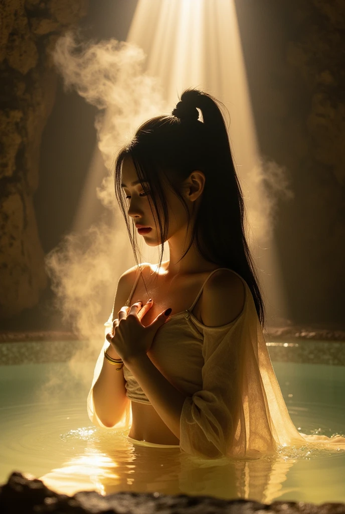 A beautiful young woman with a fierce expression in her naked body, the fierceness of a full-fledged court official from the Han Fu Dynasty, sits on a marble pedestal with her hands clasped together in the body of a naked young man. In the basement of a large tomb, there is a marble pedestal in the center of the room, with a medicinal book and a set of clear glass cups on it. The cold atmosphere of icy mist floats above the standing area.