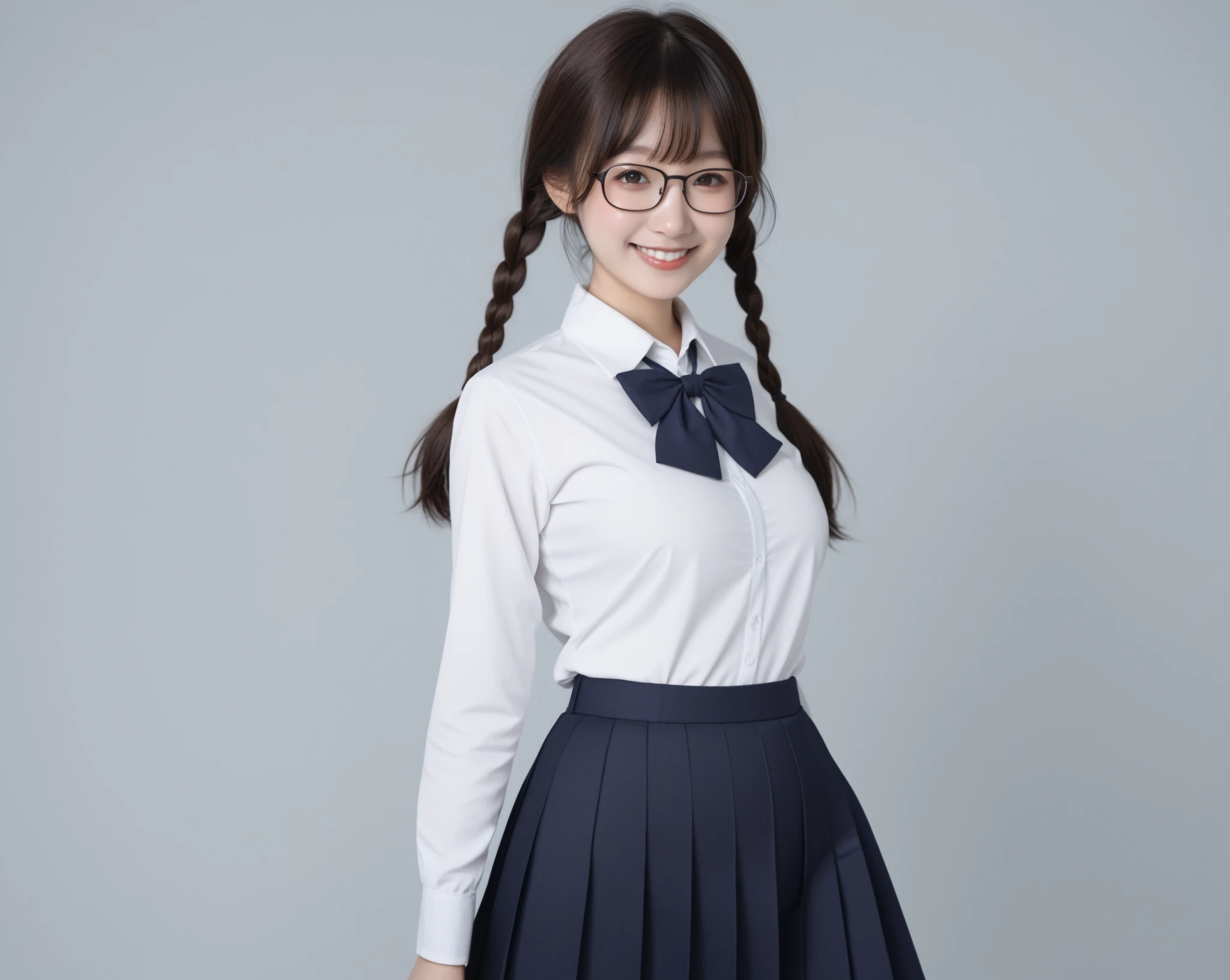 最high quality, 8K, Vibrant, Sharp focus, high quality, High resolution, (high school girl), (whole body), (Very slim and delicate body), Thin and beautiful legs, Thighs, Highly detailed eyes, Thick lips, Plump face, Collared shirt, Navy blue checkered long pleated skirt, Red bow tie, Braid, Glasses, A kind smile, Big Breasts, Erect nipples, Leaning forward,