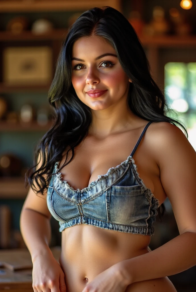 Brazilian woman, gigant ass , full body frontal image, breasts showing, tight denim, gorda , brunette skin, curly hair, angry expression, sensual and seduction, inside a room with rural decor, very full breasts, thick thight, no lingerie, really big boobs, breasts out, body expression of sexual tension.