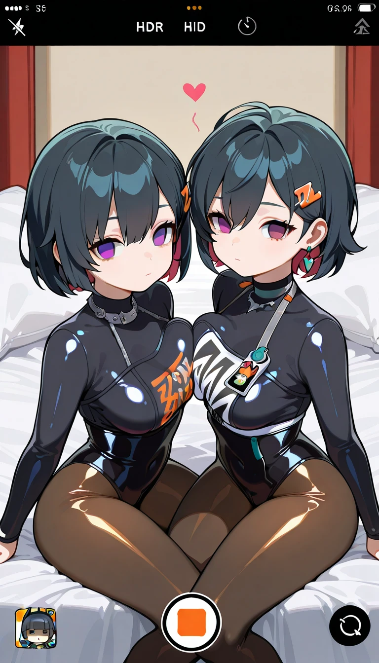 Girls hugging each other２people　then　Get your neck licked　Sweat　beautiful girl　Black Hairの　Shoulders out,blue eyes, Black Hair, Spiked Hair,Shortcuts, Big Breasts, Frowning,blush,((Black tight suit:1.4)), Hotel Rooms,Embarrassing,shy,Please open your mouth wide,