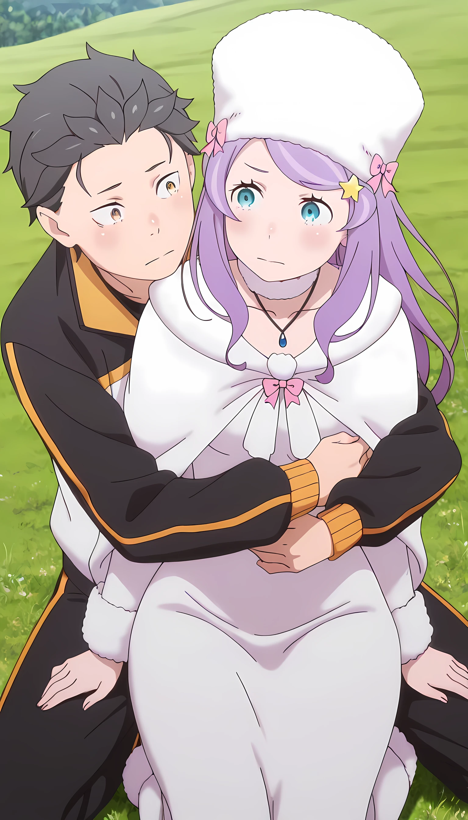amazing quality, best quality, masterpiece, newest, highres, absurdres, anime screencap, anime coloring, detailed background, screencap, (couple), anastasia hoshin, 1girl, long hair, blue eyes, purple hair, swept bangs, mature female, hat, white headwear, small breasts, tight dress, hair ornament, long sleeves, dress, bow, star (symbol), white dress, fur trim, pink bow, pom pom (clothes), star hair ornament, (wide hips), (close-up), 1boy, natsuki_subaru_locon, black hair, grey hair, jacket, natsuki subaru, track jacket, hug, realistic, photorealistic, detailed shadows, realistic shadows, blush, scenery, on grass, sitting, seiza, leaning on person, outdoors, looking at another, eye contact