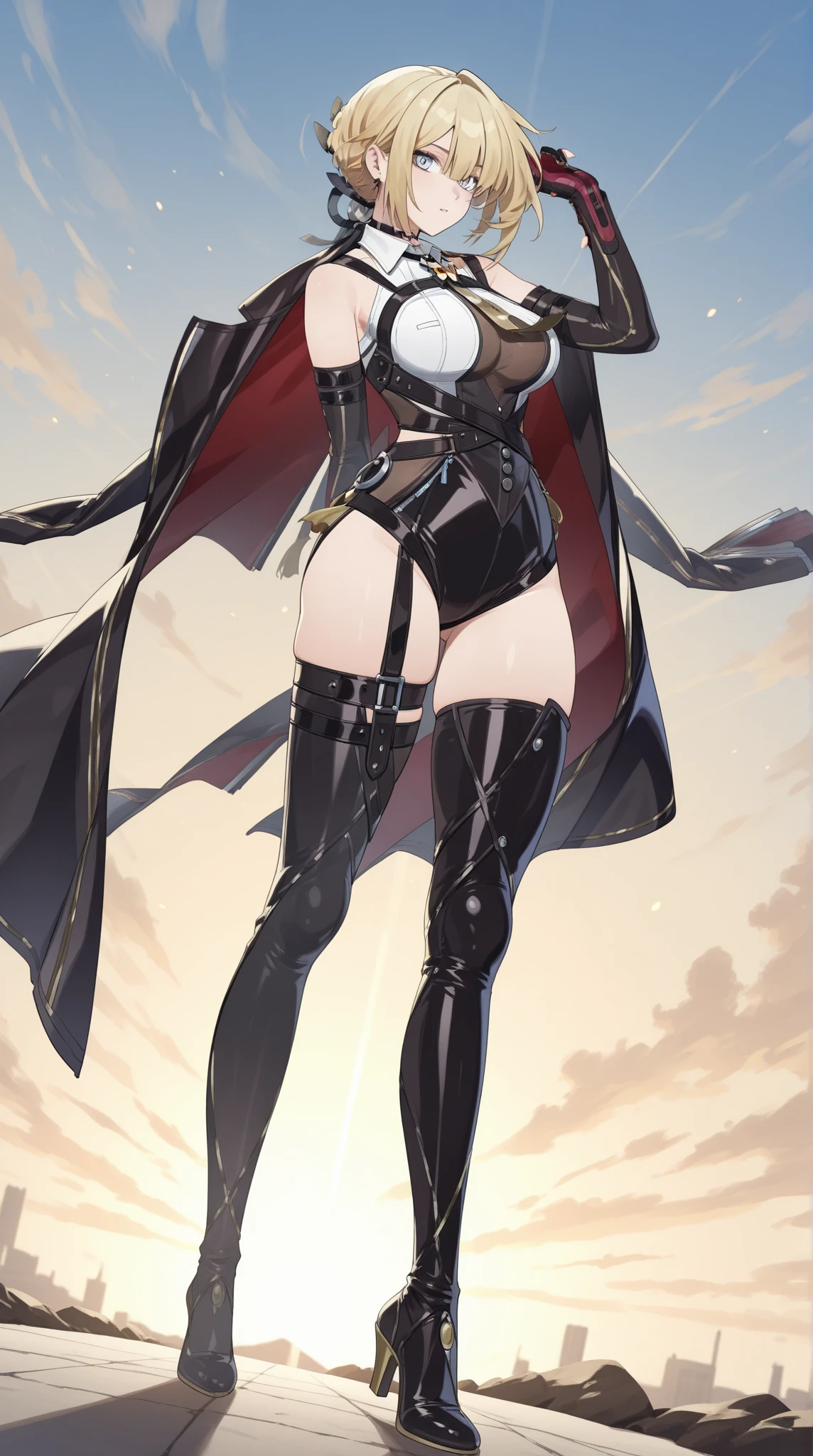 work of art, best qualityer, high resolution, 1 girl, synonym 1, scarf, mitts, ninja mask, long sleeves, leather pants, White hair, Cat's ears, cat tail, roupas de rogue, leather pants, thigh strap, holding, holding faca, heterochromia, yellow eye, blue eye, 14 eyes old, hooded cloak, rogue, ninja, ruins, Mediovale