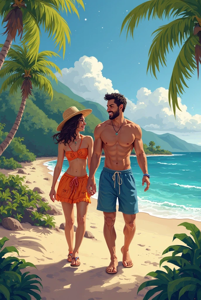 One illustration of sexy Young Family, sun-kissed skin, glossy beach waves hair, high-quality artwork, vibrant colors, tropical nude beach setting, detailed facial features, seaside, detailed eyes, professional, warm lighting, sexy, full naked, Males with penis