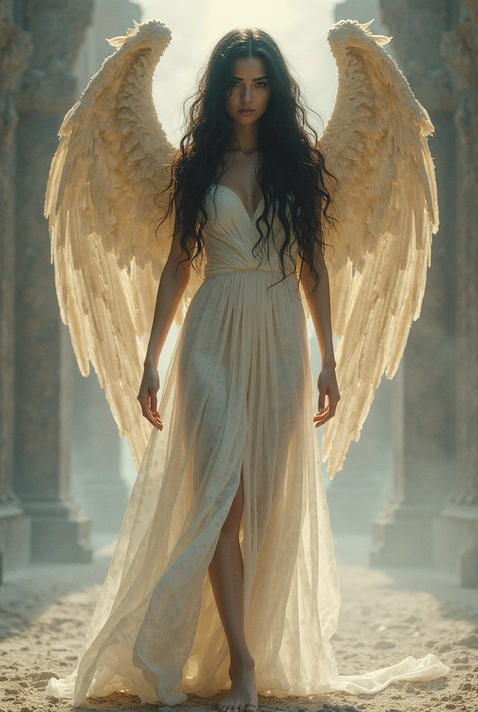 graceful woman with dark hair, facing the camera and standing in a confident pose. She is dressed in an ethereal, flowing gown that embodies the essence of purity and beauty. The gown should be elegant, with delicate, shimmering details and a soft, graceful silhouette. The overall mood is serene and divine, with the subdued lighting enhancing the angelic and otherworldly ambiance. (extremely detailed CG unity 8k wallpaper), (best quality), (best illustration), (best shadow), absurdres, realistic lighting, (Abyss), beautiful detailed glow, art by PeterMohrBacher,