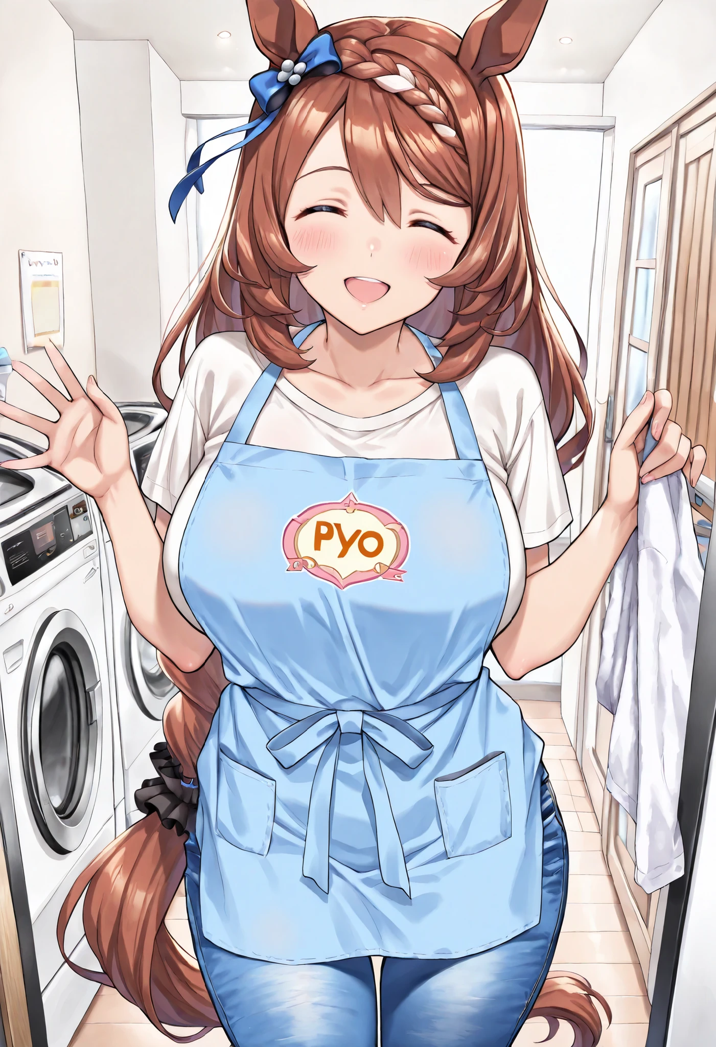 (masterpiece, best quality, perfect face:1.4), wide angle, super creek \(umamusume\), horse ears, ear ornament, horse tail, tail on the lower back, proportional body, proportional, beautiful hair, beautiful face, beautiful detailed eyes, beautiful clavicle, beautiful body, beautiful chest, beautiful thigh, beautiful legs, beautiful fingers, looking at viewer, BREAK, blue apron, (apron with piyo piyo logo:1.3) slim Jeans, white shirt, home, laundry, wash clothes, washing machine, BREAK, blush happy smile (open mouth), one eyed closed, textured skin, realistic skin, HDR, BREAK, good hands,