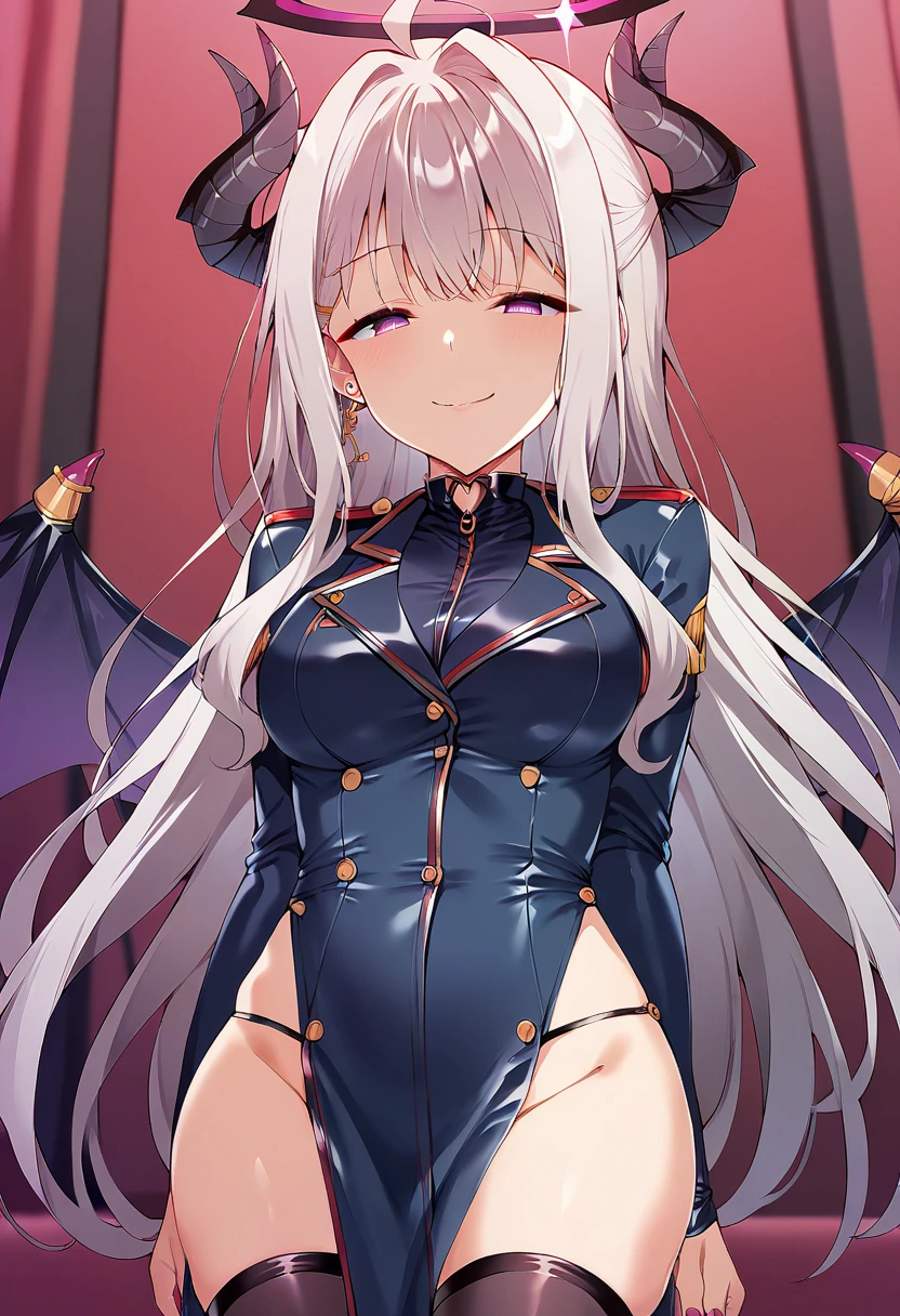 core_9, score_8_up, score_7_up, score_6_up, Expressiveh, rating_lewd, masterpiece, best quality, hina_\(blue_archirve\), 1girl, hina sorasaki, purple eyes, white hair, halo, ahoge, military uniform, miniskirt, multiple horns, side slit, thighhighs, uniform, wings, zettai ryouiki, half closed eyes, no pupils, evil smile, corruption, latex, 