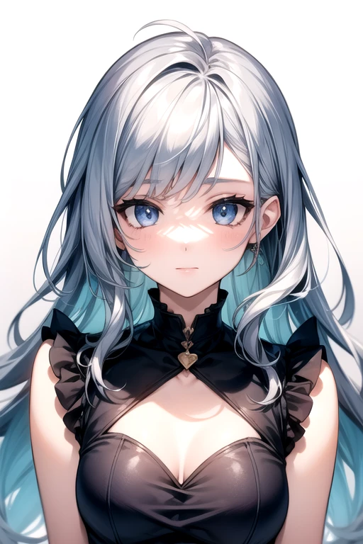 1girl, anime, cute girl, blank background, white background, fantasy, detailed dark fantasy dress with highlights, beautiful face, beautiful eyes, dark colors, silver hair, slightly small breasts, slight cleavage, beautiful skin, cute, breast curtains, extremely delicate and beautiful, (beautiful detailed face:1.0), (detailed deep eyes), symmetrical breasts, deep eyes, shiny skin, portrait, slender waist, hips wider than shoulders, thighs, young girl, expressionless, luminous eyes