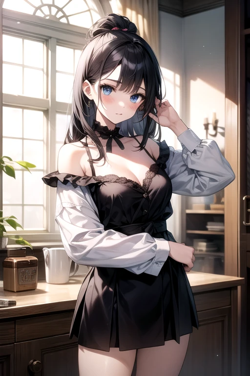 absurdres, RAW photo, extremely delicate and beautiful, masterpiece, Best Quality, ultra high resolution, 32k, hyperrealistic, ultra-detailed, in her 20s, delicate facial features, tearful mole, earring, medium breasts, full body shot, shorter middle black hair, short pencil skirt, button up shirt, black shirt, sleeveless,
