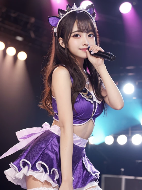 Realistic, Photorealistic, Masterpiece, Best Quality, One Girl, Solo, In the Stage, Stage Lighting, Stage Spotlight, Look At Audience, Smile, idol_singing_costume, (pureerosface_v1:0.8),Korean Idol,Nogizaka Idol,Actress,Gravure Idol
