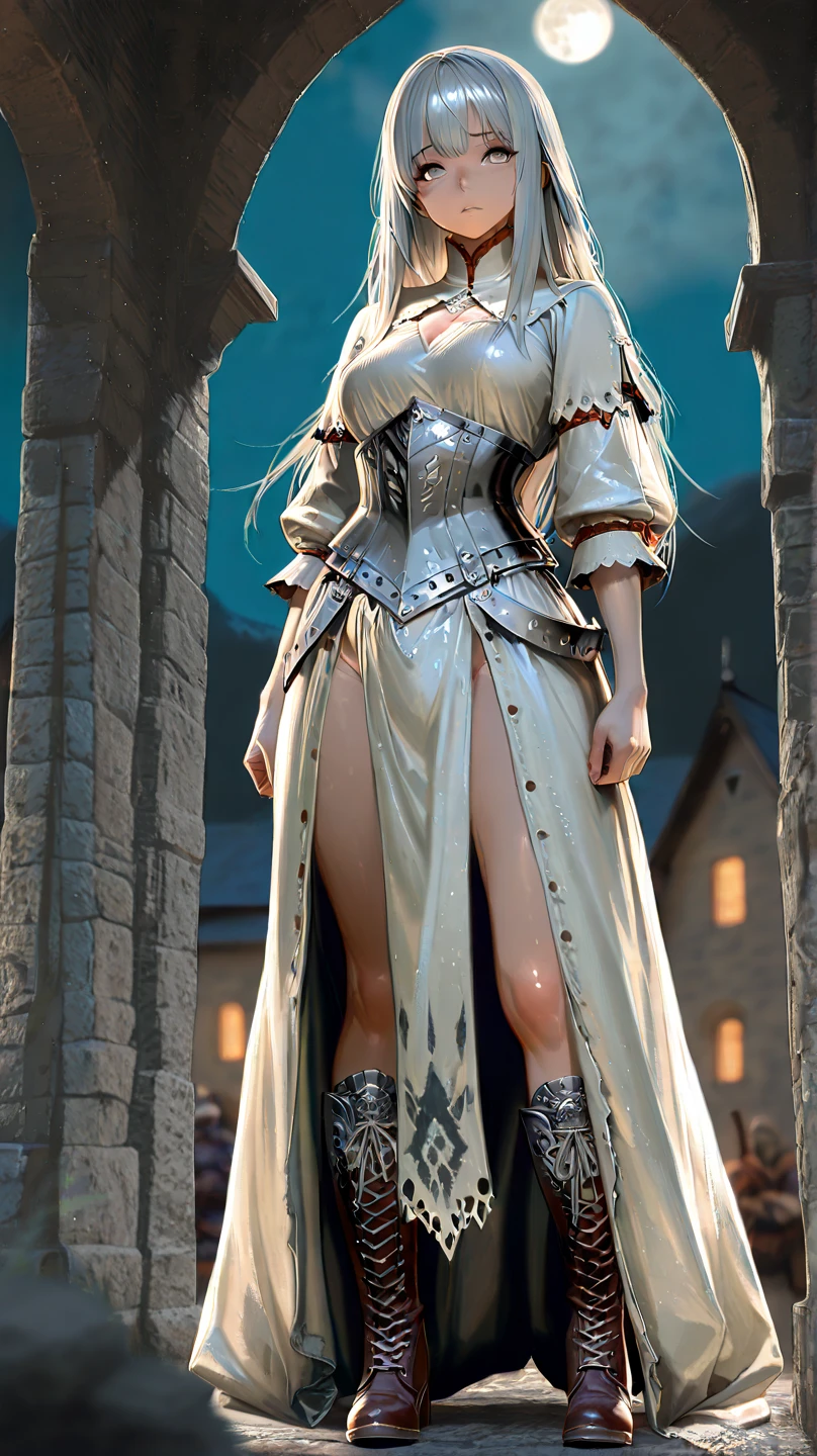 (Masterpiece, best quality, intricate details, 1sologirl) iron collar, arms behind back, iron cuffs, shackles, bound ((standing by wooden pole:1.2)) looking from above happy closed mouth ((Cassia Orsellio))