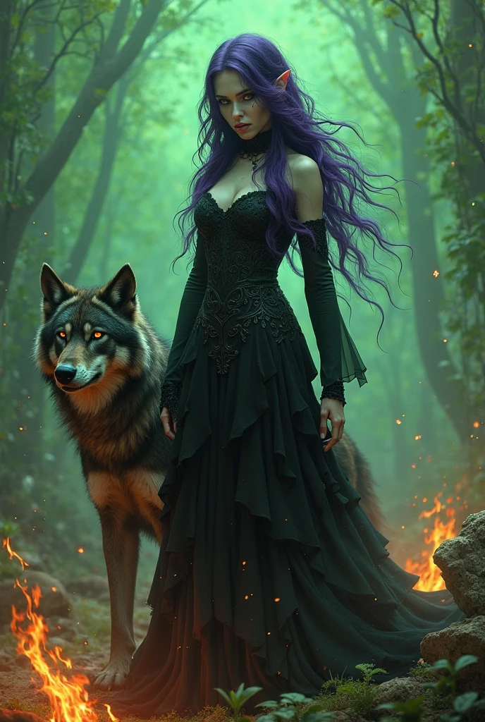 Woman , maroon hair , slim build , Victorian Gothic , background hell , green eyes , medium chest size , leaky body , with a white wolf , Gothic clothes , black dress , full height .