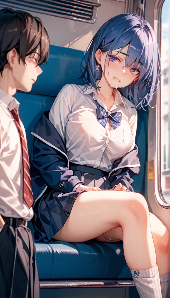 A middle-aged man is making a girl with erect nipples, black short bob hair, small breasts and light pubic hair, who is crying and unwilling on a train, with no underwear and a blue checked skirt, spread her legs and insert her fingers into her vagina.