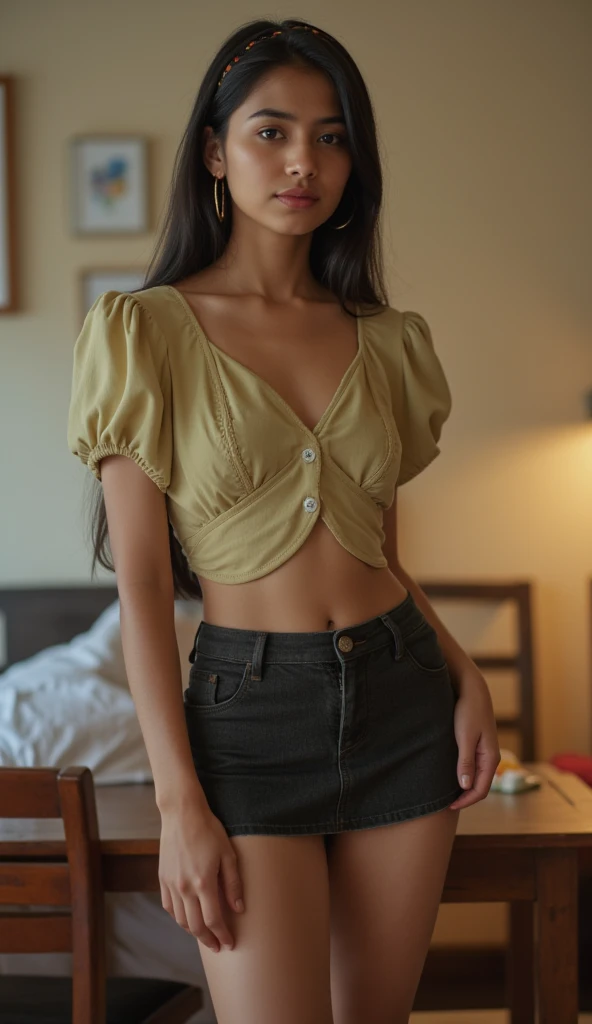 A full body photo of an 25 years old woman with short black straight hair, side part Bob haircut without fringe, black eyes small, upturned nose, slender body, small breasts, wearing a short sleeve yellow blouse with buttons on the front and thight blue jeans