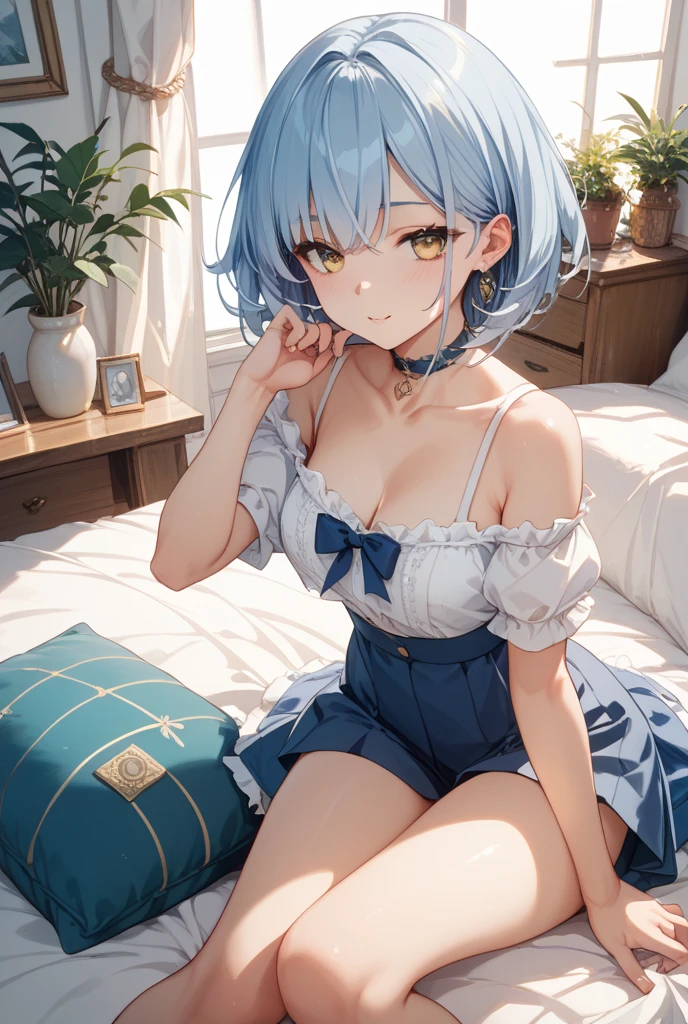 beautiful, masterpiece, Highest quality, アニメ, One girl, C Cup,Portrait Shot, View your viewers, Covered、Short Hair、nearby、blue eyes、art、、White hair,Blue streaked hair、wallpaper、hairpin、Cute smile、Thighs、Cute、Good、Panties、Lying on your back、How