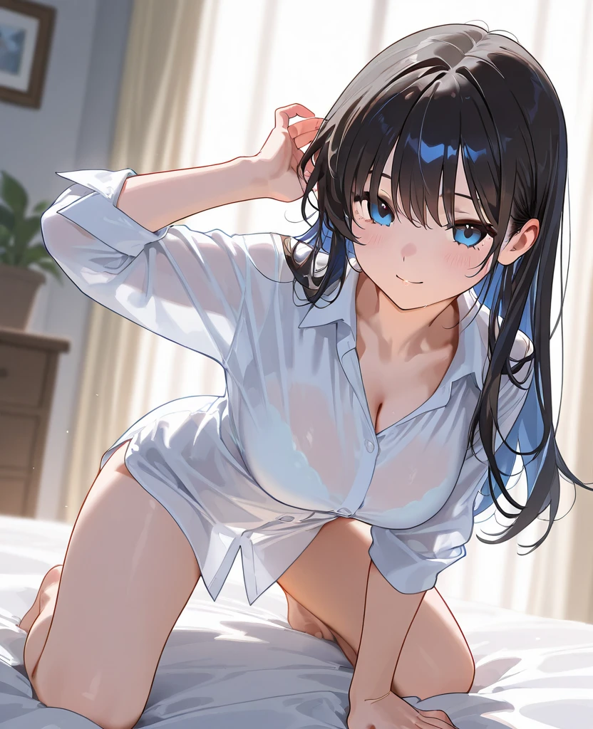 1 woman, HD quality, (solo:1.9), (ahegao:1.5), (orgasm:1.6), (drooling:1.3), smile, steam, (sheer white long thigh-high socks:1.5), (sheer white satin long gloves:1.3), (glowing eyes), best ratio four finger and one thumb, (Open legs:1.7), (Large breasts), cleavage, (sitting on a bed with one knee up:1.6), (Green eyes:1.3), (Crop Top white shirt:2.0), (Micro thong:1.5), (under boob:1.7), (Sailor uniform only for the upper body:1.5), (white short shirt), blue sailor collar, (Navel), (black high-heeled shoes:1.5), (red ribbon tie:1.1), side ponytail