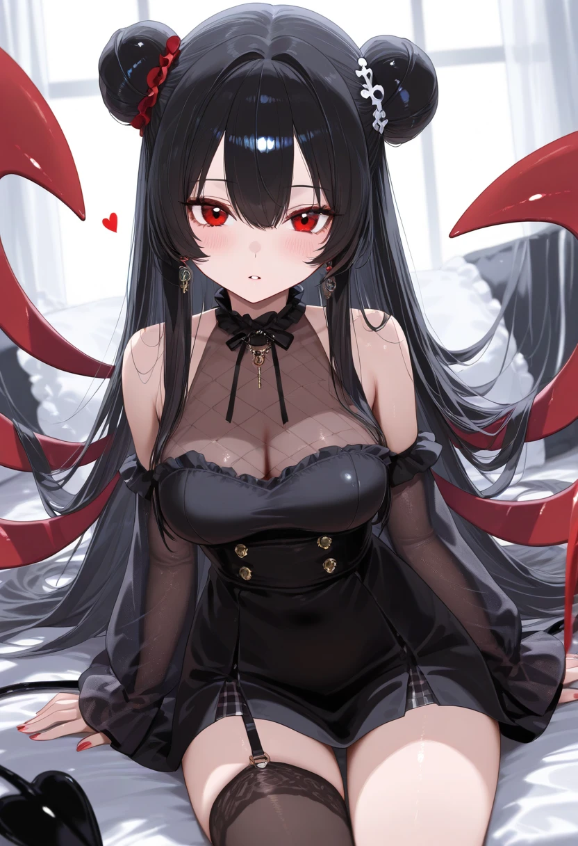 1 a girl, red skinned, yellow irises, blackquality hair, Horns on the forehead, slutty look, blushed face,lace pantyhose, lace lingerie, a finger in the mouth, big breasts 20 centimeters wide and 30 centimeters thick.