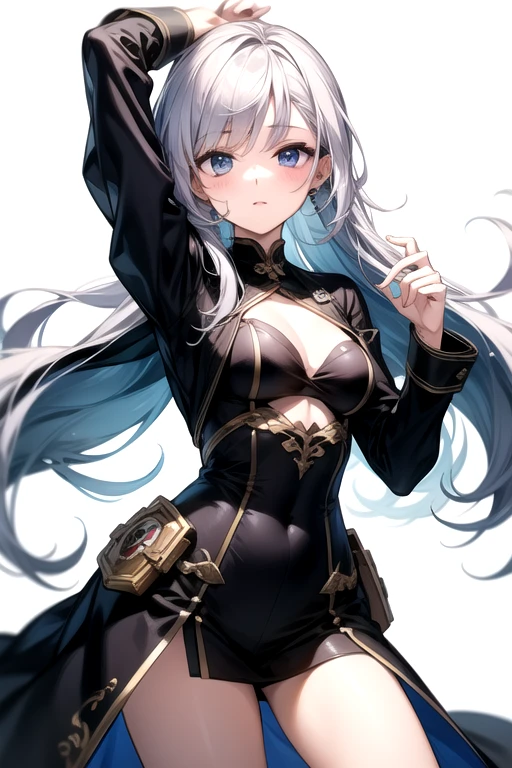 (ultra details) (detailed eyes) (no blur) dark skin, young woman, gray hair, long hair, messy hair, wolf ears, wolf tail, blue eyes, bands covering breasts, shorts brown, dark blue overcoat