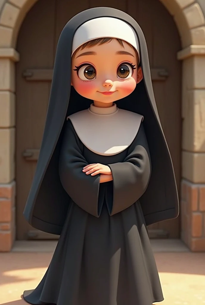 Clarissa nun, dressed in coffee with Disney Pixar style sandals