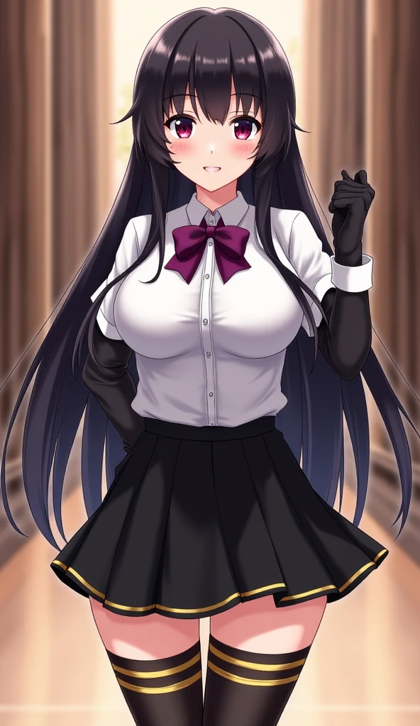 1 girl as yukino yukinoshita, absurdres, highres, solo, school uniform, big breasts, waist long black hair, (twintails:0.5), miniskirt, black thighhigh socks, loose red ribbon, unbuttoned white shirt, (ahegao:1.1), (rolling eyes:1.1), (female masturbation:1.1)