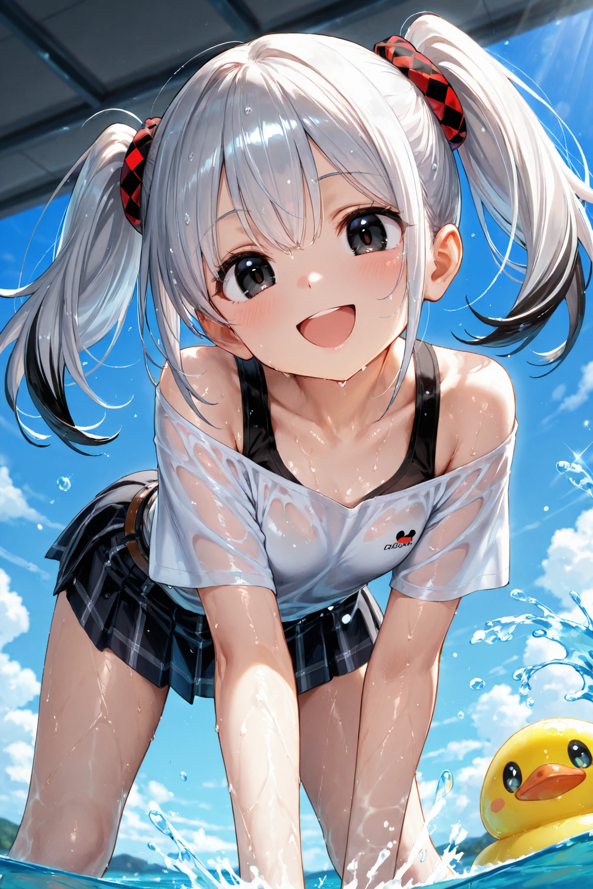 highest quality、High resolution、detailed background、beautiful and detailed face、beautiful and smooth skin、skin texture、professional lighting、Beautiful teenage girl、((three women))、(huge breasts: 1.3)、
((sexy wet white sheer babydoll, white sailor collar、white pleated look、side pony、cute hairstyle, Can be seen through clothes、lying on the beach and smiling、show one'~ side、waikiki beach、lying on the beach、the whole body is wet、panty shot、panty shot