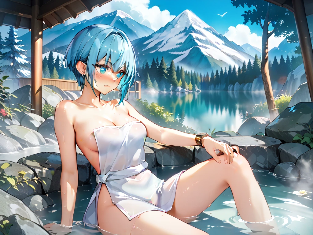 Anime Moe Art Style,highest quality,High resolution,Anatomically correct,One Girl,Mid-teens,A girl with light blue hair in a ponytail,Super detailed,Fantasy-style world,Big Breasts,A rich expression,Laughing with your mouth open,In the mountains,night,Taking a bath in a hot spring,Wrapped in a bath towel,8K