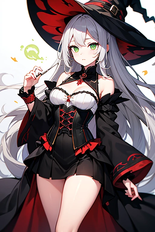 Only one girl、独奏、beautiful girl with long white hair、animesque、Cat's ears、A bright erotic magic costume with a purple base that shows off your cleavage.、a short skirt、witch's hat、Colossal tits、Standing facing the front、Displays the whole body from head to toe、Frontal camera work、Hands on hips、a smile、Background removal、Pure white background