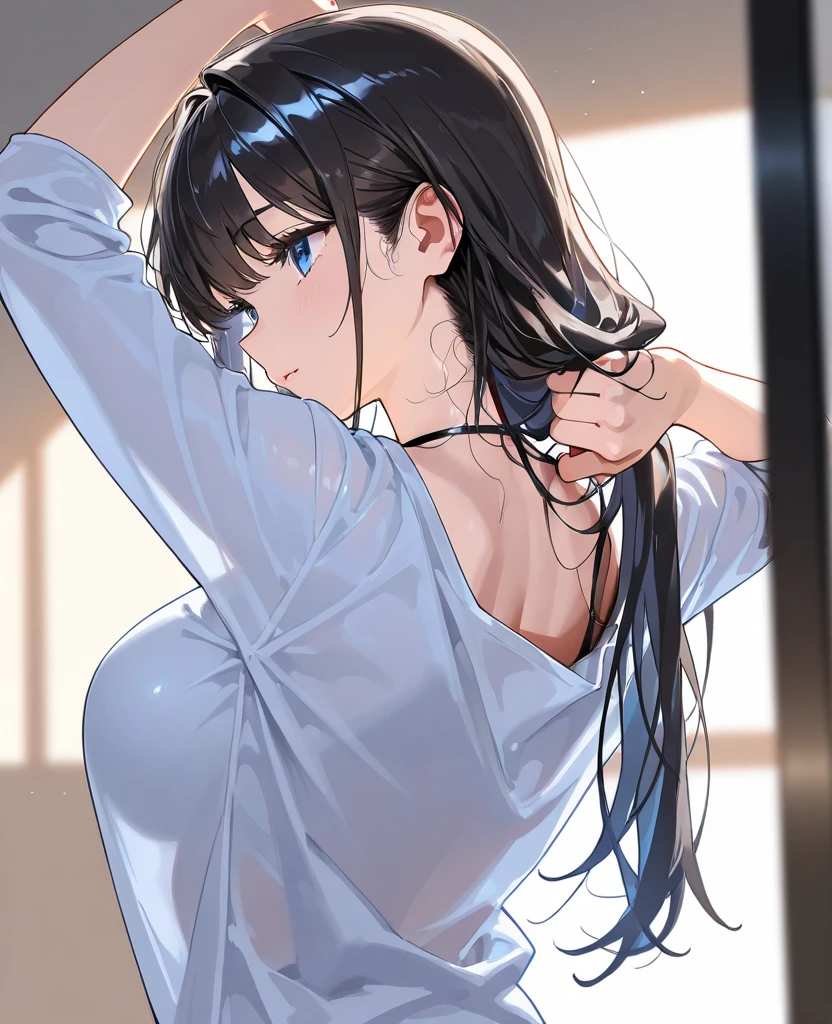 (masterpiece,highest quality,超A high resolution),japanese woman, (((Very beautiful 25 year old girl))), pretty girl、look at the photographer、 ((beautiful low ponytail)), super cute face, glossy lips, double eyelids in both eyes,natural smile、 natural makeup, long eyelashes, Shiny and smooth hair、center image, perfect limbs, perfect anatomy,(((Tight Skirt)))、(((turn around and look back)),wet with sweat,