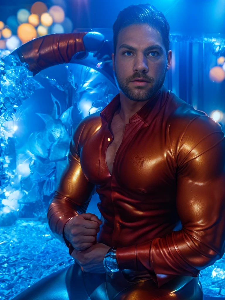 (masterpiece, high resolution, detailed:1.3), a mesmerizing depiction of a (strikingly handsome young man:1.2) donning (wearing transparent see-through futuristic clothes, bulge:1.2), standing against the backdrop of the vast and mysterious cosmos, breathtaking grandeur, LED internal lighting, cyberpunk style, fibre optic hair, glowing blue iris, muscular, best quality, masterpiece, His (toned physique:1.2) is bathed in the soft glow of distant stars, creating an otherworldly aura. As he gazes out into the depths of space, his (intense blue eyes:1.2) reflect the wonder and curiosity of his cosmic journey. The intricate details of his attire and the (subtle gleam:1.2) on his skin are meticulously captured, lending an air of realism to the scene. The celestial expanse behind him is a tapestry of (nebulous formations:1.2), (dazzling galaxies:1.2), and (shooting stars:1.2), a breathtaking testament to the beauty of the universe. This artwork melds the allure of a beautiful man with the awe-inspiring vastness of space, evoking a sense of both intimacy and grandeur. intricate details, dynamic pose, dynamic angle, (surreal), (illustration), ((oil painting \(medium\):1.2)), sharp focus, soft lighting, vibrant colors, cinematic photography, dynamic angle, volumetric lighting, film grain, hard shadows