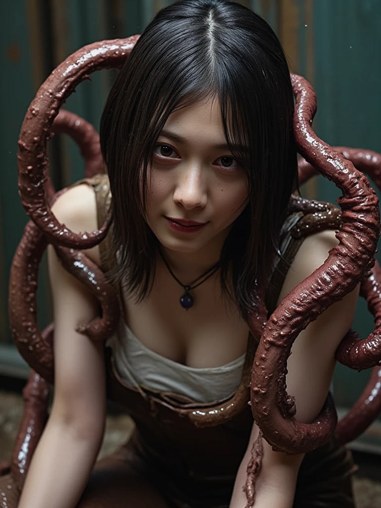 Beautiful half-naked dark-haired woman,Having sex with a tentacle monster,Being held captive by tentacles,Fearful facial expressions