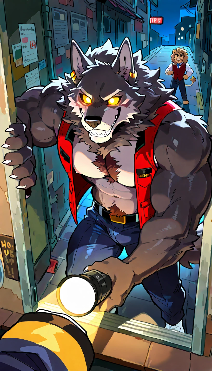 Security officer Dyne explores a closed dark abandoned Freddy Fazbear's Pizzeria. He's holding a flashlight, and is looking around Freddy Fazbear's pizzeria. Animatronic Cornelius is sneaking up him!!! BREAK Dyne is a black werewolf furry anthro fazbear security guard. He is smaller than Cornelius. couple, duo, 2 characters. g score_9, score_8_up, score_7_up, score_6_up, dynamic pose,masterpiece,anthro, (Cornelius, Male, furry, Lion anthro, Medium muscular lion, no mane, brown, light brown lion, feline, long brown pony tail hair, lion ears, wearing tiny gold round glasses, , hands, standing, posing, good , arms, male , perfect , perfect body no defects, hands, 5 fingers, perfect hands, completely perfect body, 4k (Realistic eye details 1.2), fluffy fur, source anime, best quality, anthro, A muscular lion man with a strong build. He has a well-defined jawline and a serious expression. His fur is brown, pony tail long, and he has no mane, Mature male, anthro, feline, animatronic, robot, good drawn sharp teeth, no blur, red body, claws,sharp teeth, gold tooth, gold (metal),shredded ears, animal ears,ear piercing,jewlery, animatronic, robust body, friendly appearance, blue and white metallic fur, red vest, and gold accents, glowing eyes, warm smile, big dumb smile, Highly detailed, white sclera, yellow eyes, male,countershade,fur,white sclera,tall male,hairy male,one hooked hand,muscular male,damaged body,black robotic legs,damaged pec,high angle,close up. Fnaf, Pizzeria security office background. by null-ghost, masterpiece, best quality , furry, wolf, Two tons of fur, ( black fur :0.8), Broad shoulders, Narrow waist, monitors, camera, night, High Quality, Masterpiece, beautiful, s drawings on wall, Freddy Fazbear plushies, messy unkept place, spooky horror vibes.