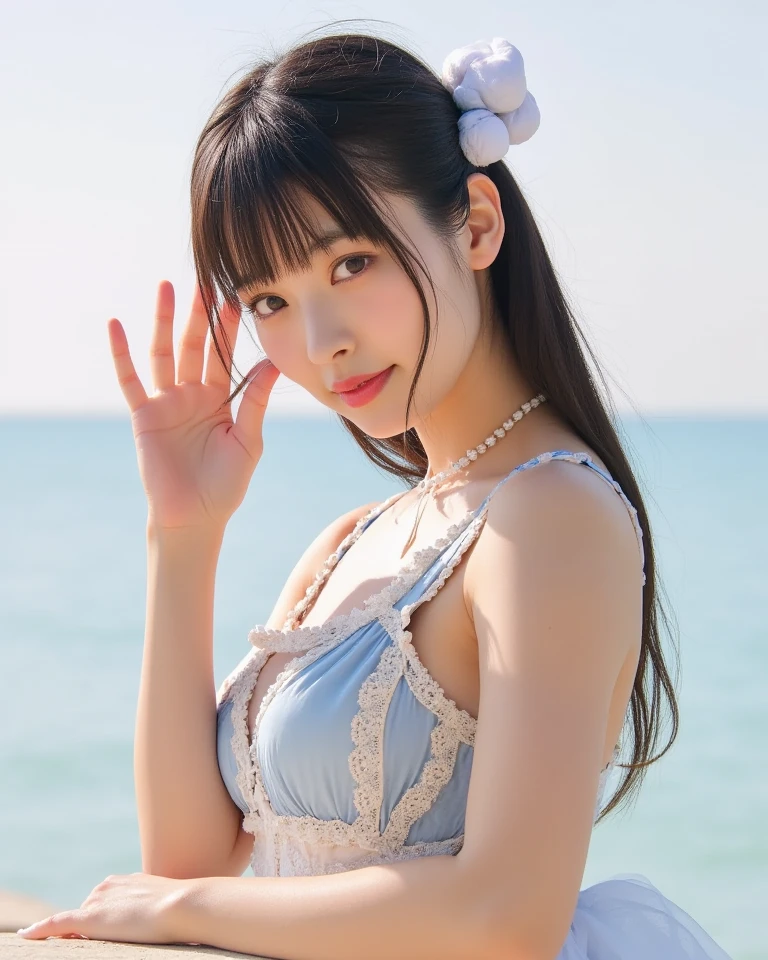 Japanese female, (underweight), (flat chest best quality:1.5), (cheerful grin:1.2),
colorful bridge, (falling), messy hair, (cream gothic lolita),(Scene of falling from bungee jump:1.2), on the mountain, long shot, gigantic scale
