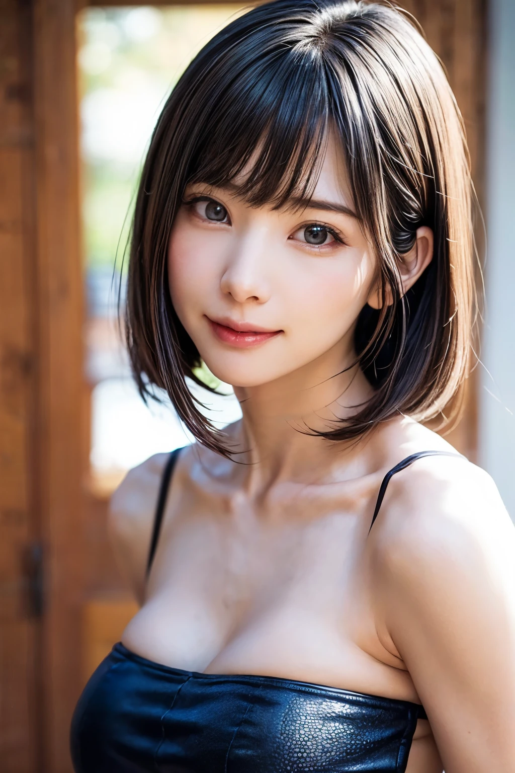 (masterpiece, Highest quality,Perfect Anatomy,Everything is beautifully detailed)、One Girl, alone, Black-haired、Has a beautiful collarbone, Realistic, Realistic, Looking at the audience, Light brown eyes, short hair, Brown coat, Winter clothes, White headスカーフ, lips, prohibit, Plein Air, Mouth closed, Upper Body、Big eyes、eyelash、((Beautiful scenery of sparkling snow))、(((前髪ありshort hair、Big eyes、Big ample chest、({huge|big|hugeな|Mega} chest, chestの谷間)、Gazing at the audience、A wonderful, beautiful beauty、Put out your ears、beautiful long neck、Laugh a little、Please close your mouth and laugh)))、expensive、A beautiful woman with elegant charm、An innocent smile、A beautiful woman with a dignified charm、Give your eyes a natural, gentle glow、