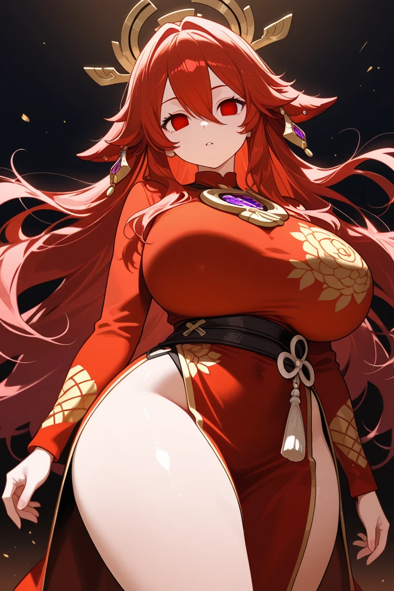 a beautiful and wonderful red-haired woman with long orange hair and fox ears, green eyes and bright irises, a large bell necklace around the neck, little rattle decorating your hair, dressed in black midle-open kimono and tiny black panties, an attractive neckline, a defined silhouette, thick-thighs, perfect skin, a well-shaped face. defined, attention to the details, surreal clarity, aesthetic colors, a sweet smile with perfect lips, canines appearing when smiling, rosy cheeks, Breasts huge, freckles