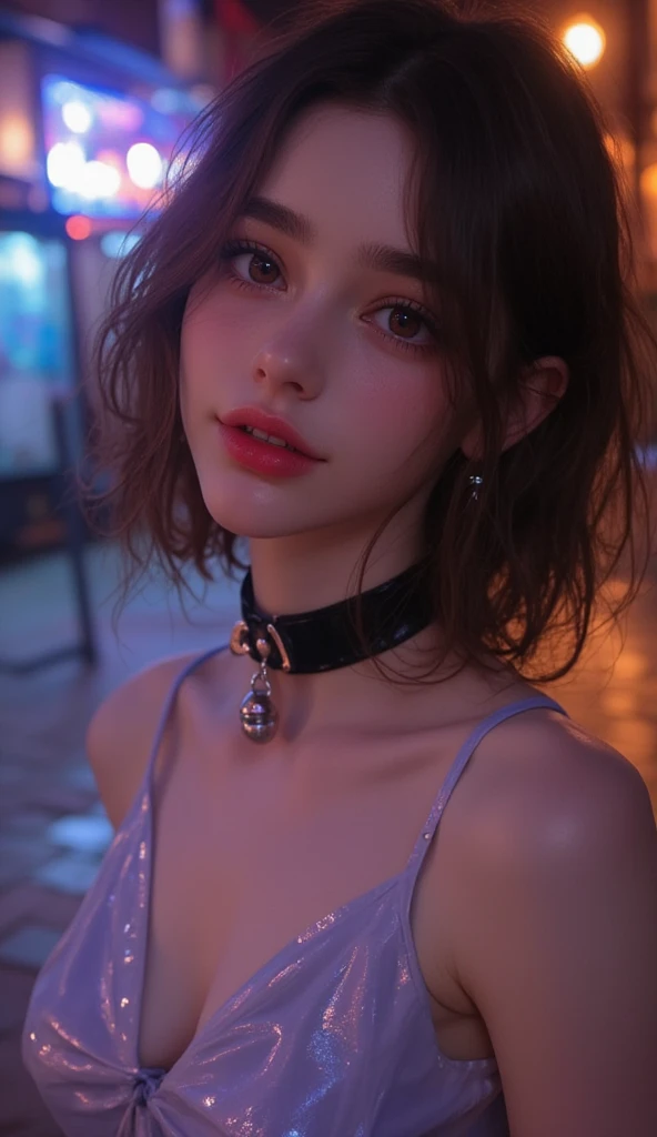 Solo Girl,Alley,Bad Girl,Earrings,Punk Rock Fashion,Punk rock shirt with chain,Punk rock pants with chains,choker,(Moisturized and radiant skin,,),(Shiny silver and orange hair,Short Ponytail),(Princess face composition,Big eyes,Pointed lips,Red lipstick,Cute round face,A smile that makes people happy,blush with embarrassment,blush,),(Bold Pose,(8k quality,Tabletop,highest quality,Ultra-high resolution output images,),Intricate details,(Highly detailed raw photos:1.3),(Picture Mode Ultra HD),squat,