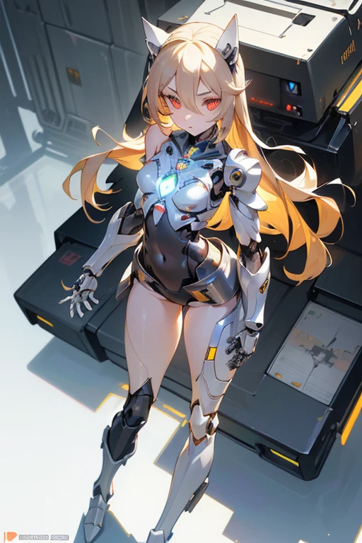 in 8K,
Best Quality,
masterpice,
ultla highres,
Intricate details,
Looking here,
fullllbody,
(Shot from above),
break,
Background with(Bright morning,
plein air,
down town,
city),
illuminating(bloom,
Rim Lights,
glowing,
Best Illumination),
break,
(Cyborg girl standing downtown on a bright morning:1.5),
1girl in,
(Cyborg girl:1.5),
16 only,
Put one hand on your hip,
is standing,
long blonde hair with bangs that reach between the eyes,
Red Eyes,
(glowing cyborg eyes:1.2),
Crisp eyes,
boyish face,
pale white metallic skin,
Lustrous skin,
bright skin,
Large breasts,
Narrow waist,
break,
(black painted machine:1.2),
(Machine body:1.2),
(Limbs of the machine:1.5),
(Mechanical joints:1.5),
(Clavicle blue circle power button:1.2),
(White Leotard:0.8),
thigh-high socks,
(Mechanical Skirt Armor),
long boots,
head gear,
Lack of sleeves,
(Bare thighs:1.2),
Bare shoulders,