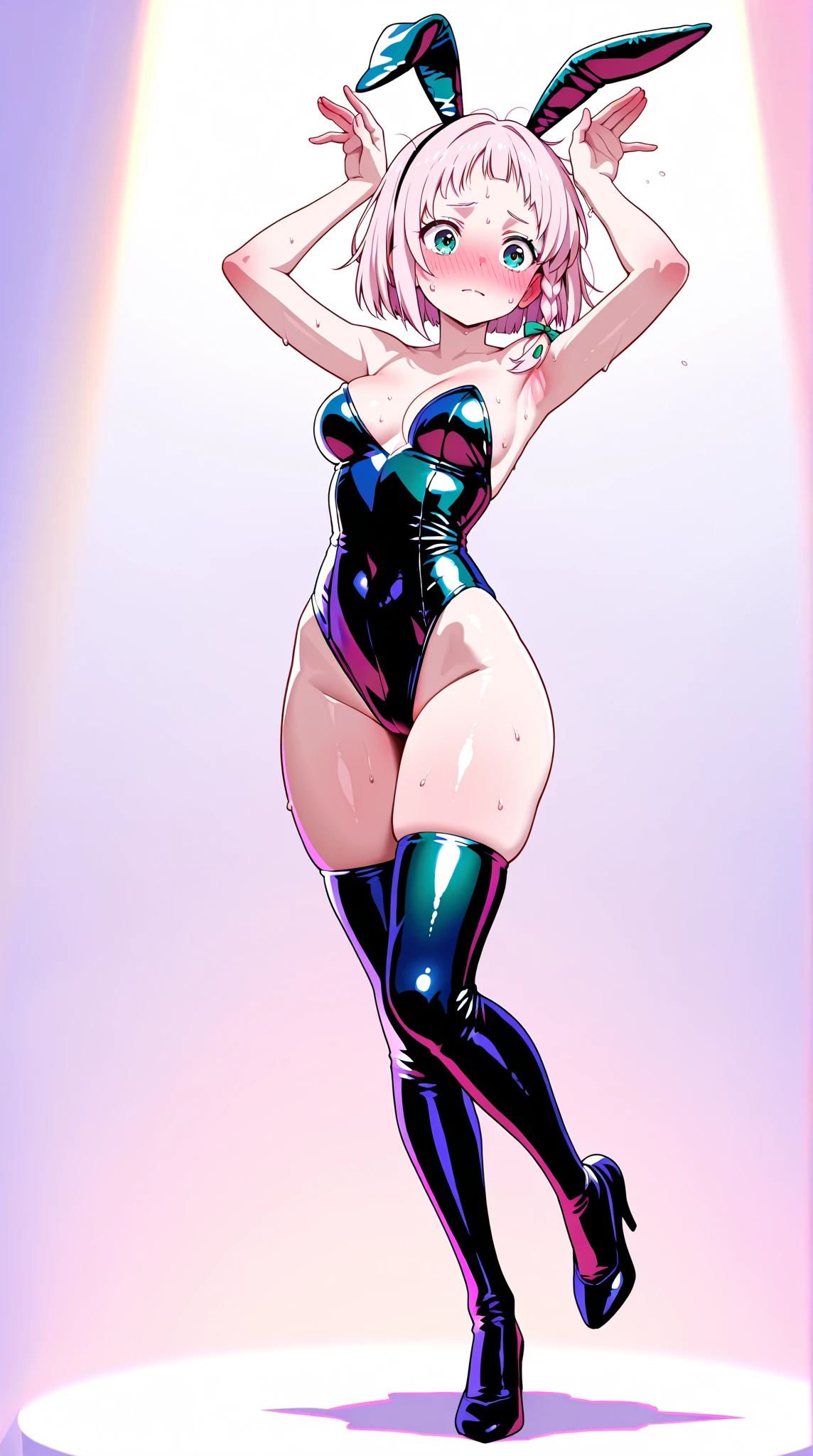beautiful,bright,eye highlights,sexy,erotic,beautiful line drawing,light blue skin,blue and orange gradient ear fins,bunny girl,bunny suit,net tights on legs,big tits,hanging tits,light blue skin,white hair purple eyes,shiny skin,shiny body,black dust bunny suit,pink background,heart mark on background,black dust bunny suit,pink background,heart mark on background,sexy bondage outfit,blue skin,described from head to waist