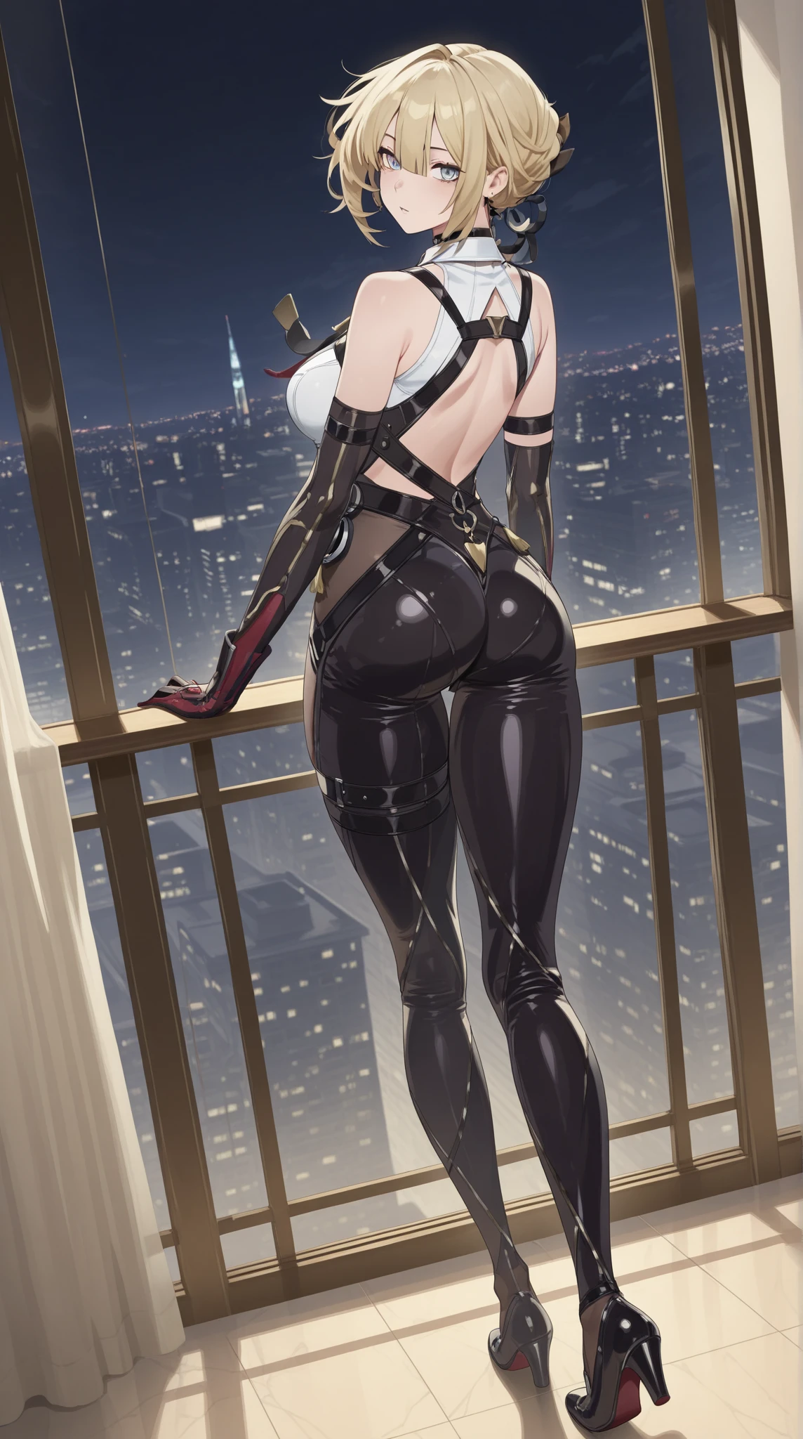 a woman in a black dress sitting on a ledge, Hinata from one punch man, beautiful anime girl squatting, Hinata, thicc, she wears a black shining dress, Hinata, looking from behind, back pose, full growth from the back, in full growth from the back, seductive anime girl, anime woman, purplish hair