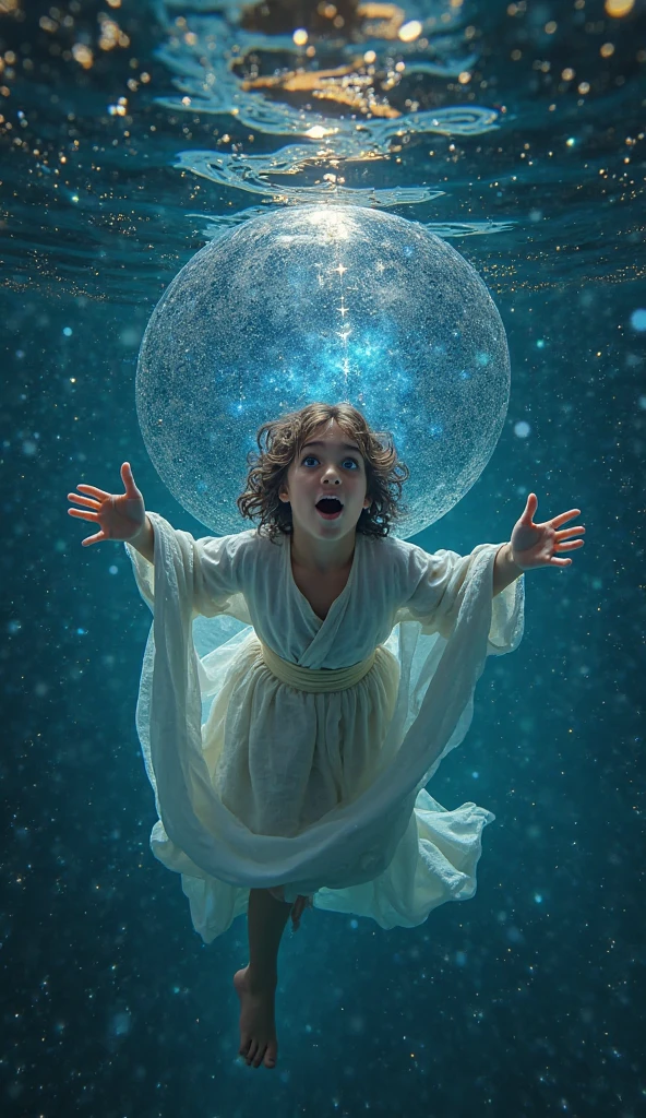 Deep underwater world, reality, reality, Van Gogh art, a Van Gogh element starry sky appeared at the bottom of the sea, a girl in a white dress lying in the sea, imprisoned in an iron cage, facing the starry sky, eyes full of despair and helplessness, close-up, girl, cage, vista, starry sky